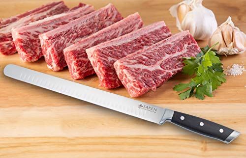 Saken 12-inch Granton Edge Slicing Knife - High-Carbon German Steel Carving Knife with Satin-Finished Black Ergonomic Handle - Multipurpose Slicing Kitchen Knife for Meat, Fish, Brisket, Veggies