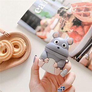 ICI-Rencontrer Compatible with Earbuds Case Airpods 1 & 2, Kids Girls Women 3D Cute Vivid Distinctive Grey Hippo Mice Animals Design Wireless Charging Earphone Soft Silicone Shockproof Protector Hook