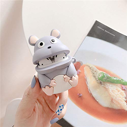 ICI-Rencontrer Compatible with Earbuds Case Airpods 1 & 2, Kids Girls Women 3D Cute Vivid Distinctive Grey Hippo Mice Animals Design Wireless Charging Earphone Soft Silicone Shockproof Protector Hook