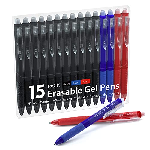 Erasable Gel Pens, 15 Pack Retractable Erasable Pens Clicker, Fine Point, Make Mistakes Disappear, 11 Black 2 Blue 2 Red Inks for Writing Planner and Crossword Puzzles…