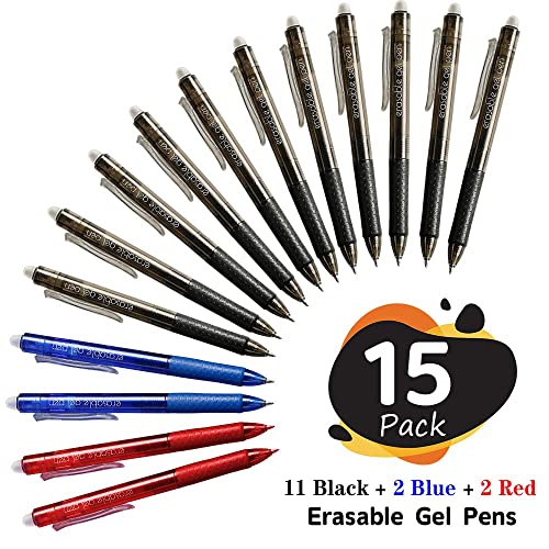 Erasable Gel Pens, 15 Pack Retractable Erasable Pens Clicker, Fine Point, Make Mistakes Disappear, 11 Black 2 Blue 2 Red Inks for Writing Planner and Crossword Puzzles…