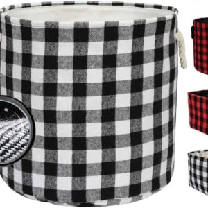 Xingte Durable Round Laundry Basket Foldable Storage Baskets Home Organization Containers Buffalo Checked with Rope Handles, White Black Grid, L