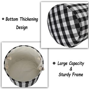 Xingte Durable Round Laundry Basket Foldable Storage Baskets Home Organization Containers Buffalo Checked with Rope Handles, White Black Grid, L