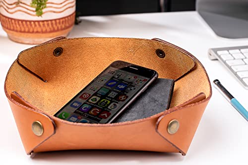 Alta Andina Large Leather Travel Valet Tray | Vegetable Tanned Leather Catchall | Collapsable, Unfolds Flat | Nightstand & Dresser Organizer for Women & Men (Brown – Miel)