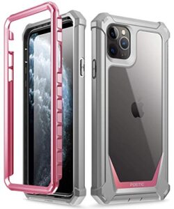 iphone 11 pro max case, poetic full-body hybrid shockproof ruggec clear bumper cover, built-in-screen protector, guardian series, case for apple iphone 11 pro max (2019) 6.5 inch, pink/clear