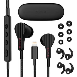 rayz smart lightning headphones earphones –tangle-free wired earbuds with microphone and volume control compatible with iphone 11 pro max x/xs max/xr 8/p 7/p – customizable via app (black)