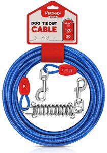 petbobi 30ft tie out cable for dog with durable spring and metal swivel hooks for outdoor, yard and camping, rust- proof training tether for small to medium dogs up to 120 pounds, blue