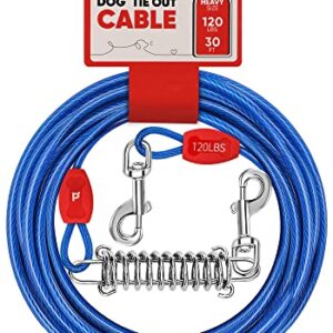 Petbobi 30ft Tie Out Cable for Dog with Durable Spring and Metal Swivel Hooks for Outdoor, Yard and Camping, Rust- Proof Training Tether for Small to Medium Dogs Up to 120 Pounds, Blue