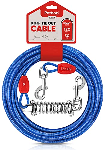 Petbobi 30ft Tie Out Cable for Dog with Durable Spring and Metal Swivel Hooks for Outdoor, Yard and Camping, Rust- Proof Training Tether for Small to Medium Dogs Up to 120 Pounds, Blue