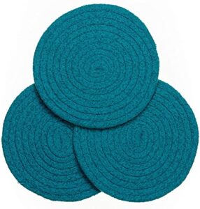 trivets for hot pots and pans - kitchen discovery 8" chenille trivets - set of 3 large woven pot pads for serving hot or cold dishes and protecting your table, countertop or island, teal