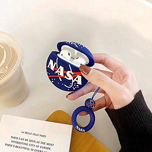 Ultra Thick Soft Silicone Blue NASA Ball Case with Strap for Apple Airpods 1 2 Wireless Earbuds Outer Space Galaxy 3D Cartoon Fun Cool Unique Boyfriend Men Boys Son