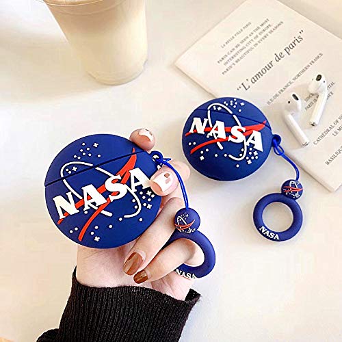 Ultra Thick Soft Silicone Blue NASA Ball Case with Strap for Apple Airpods 1 2 Wireless Earbuds Outer Space Galaxy 3D Cartoon Fun Cool Unique Boyfriend Men Boys Son