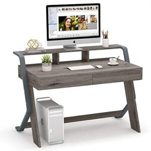tribesigns computer desk with 2 storage drawers, 47-inch writing desk with monitor stand riser, vintage rustic office desk computer table stuying workstation for home office 