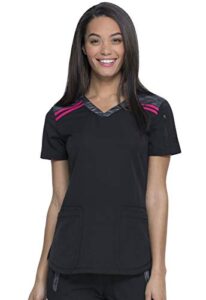 dickies dynamix womens tops, athletic-inspired mélange v-neck scrub top with four-way stretch and moisture wicking dk740, xl, black/hot pink