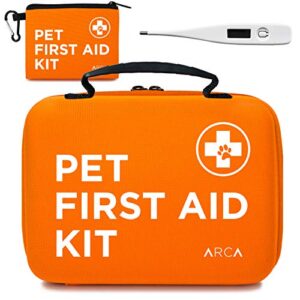 arca pet cat & dog first aid kit home office travel car emergency kit pet travel kit – 100 pieces with emergency collar and pet thermometer & mini pouch (neon orange)