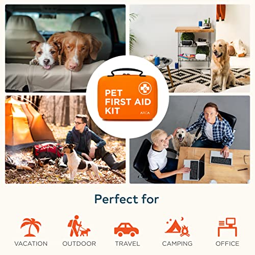 ARCA PET Cat & Dog First Aid Kit Home Office Travel Car Emergency Kit Pet Travel Kit – 100 Pieces with Emergency Collar and Pet Thermometer & Mini Pouch (Neon Orange)