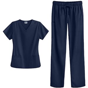 Strictly Scrubs Stretch Women’s Four Way Stretch Scrub Set – Includes V-Neck Top and Pant (Medium Petite, Navy)