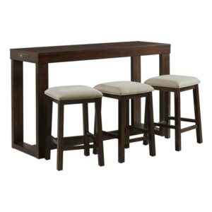 bowery hill drew multipurpose home kitchen dining nook bar living room sofa table set with 3 upholstered stools, chairs in dark walnut and taupe fabric