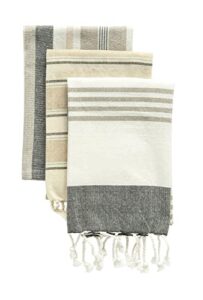 creative co-op grey & tan striped cotton tea towels with tassels (set of 3)