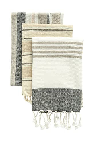 Creative Co-Op Grey & Tan Striped Cotton Tea Towels with Tassels (Set of 3)