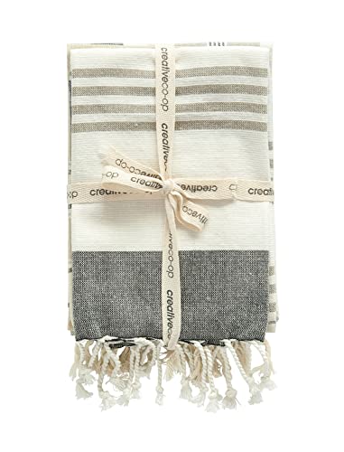 Creative Co-Op Grey & Tan Striped Cotton Tea Towels with Tassels (Set of 3)