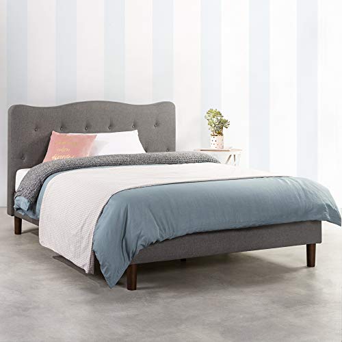 Mellow Janne Upholstered Platform Bed Modern Tufted Headboard Real Wooden Slats and Legs, Full, Classic Grey