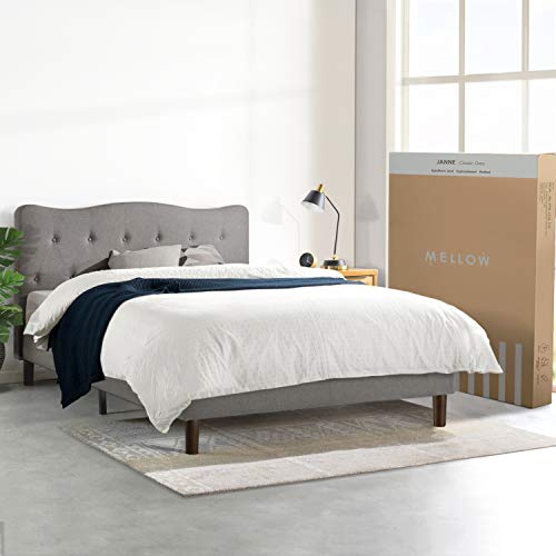 Mellow Janne Upholstered Platform Bed Modern Tufted Headboard Real Wooden Slats and Legs, Full, Classic Grey