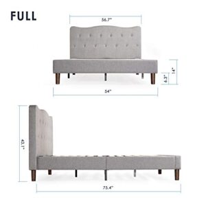 Mellow Janne Upholstered Platform Bed Modern Tufted Headboard Real Wooden Slats and Legs, Full, Classic Grey