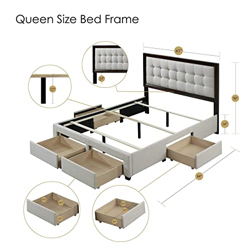 DG Casa Soloman Upholstered Panel Bed Frame with Storage Drawers and Square Tufted Wood Trim Headboard-Queen Size in Beige Fabric