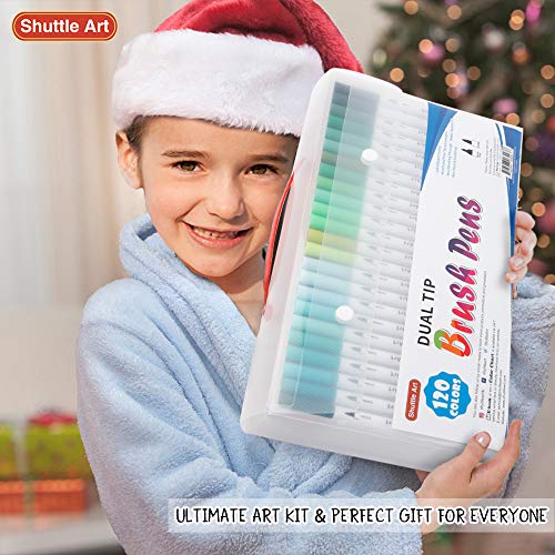 Shuttle Art 120 Colors Dual Tip Brush Art Marker Pens with 1 Coloring Book, Fineliner and Brush Dual Tip Markers Set Perfect for Kids Adult Artist Calligraphy Hand Lettering Journal Doodling Writing.