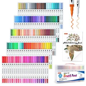 shuttle art 120 colors dual tip brush art marker pens with 1 coloring book, fineliner and brush dual tip markers set perfect for kids adult artist calligraphy hand lettering journal doodling writing.