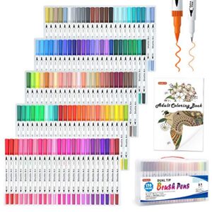 Shuttle Art 120 Colors Dual Tip Brush Art Marker Pens with 1 Coloring Book, Fineliner and Brush Dual Tip Markers Set Perfect for Kids Adult Artist Calligraphy Hand Lettering Journal Doodling Writing.