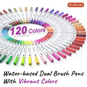 Shuttle Art 120 Colors Dual Tip Brush Art Marker Pens with 1 Coloring Book, Fineliner and Brush Dual Tip Markers Set Perfect for Kids Adult Artist Calligraphy Hand Lettering Journal Doodling Writing.