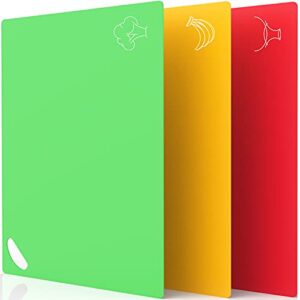 extra-thick plastic cutting boards for kitchen dishwasher safe non-siip, flexible cutting mats for cooking, no-porous, bpa-free, food icons & ez-grip handle (colorful set of 3)