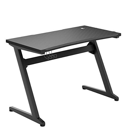 Tangkula Gaming Desk, Z Shaped Ergonomic Gaming Computer Desk, E-Sports Game Desk with Cup & Headphone Holder and Mouse Pad, Gamer Workstation, Carbon Fiber Surface and Z-Shape Steel Frame (Black)