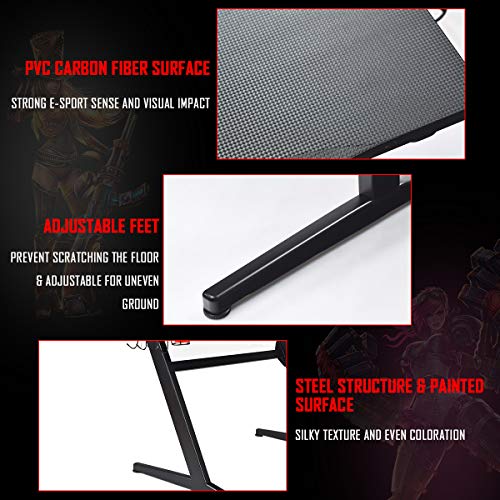 Tangkula Gaming Desk, Z Shaped Ergonomic Gaming Computer Desk, E-Sports Game Desk with Cup & Headphone Holder and Mouse Pad, Gamer Workstation, Carbon Fiber Surface and Z-Shape Steel Frame (Black)