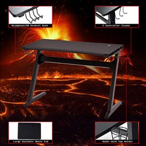 Tangkula Gaming Desk, Z Shaped Ergonomic Gaming Computer Desk, E-Sports Game Desk with Cup & Headphone Holder and Mouse Pad, Gamer Workstation, Carbon Fiber Surface and Z-Shape Steel Frame (Black)