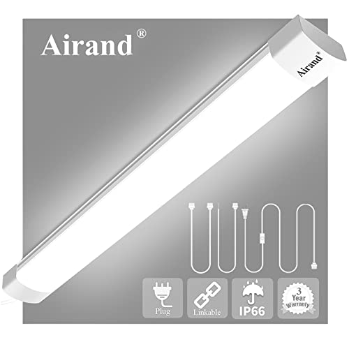 Airand Utility LED Shop Light Fixture 2FT 4FT with Plug, Waterproof Linkable LED Tube Light 5000K Under Cabinet Lighting,1800 LM LED Ceiling and Closet Light 18W, Corded Electric with ON/Off Switch