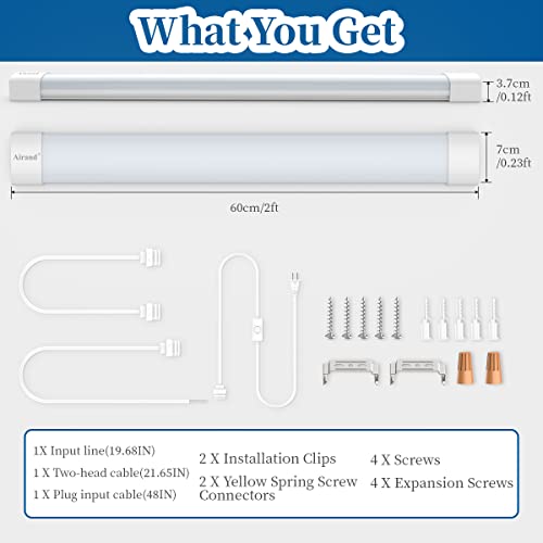 Airand Utility LED Shop Light Fixture 2FT 4FT with Plug, Waterproof Linkable LED Tube Light 5000K Under Cabinet Lighting,1800 LM LED Ceiling and Closet Light 18W, Corded Electric with ON/Off Switch