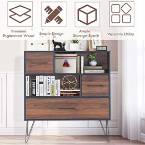 Tangkula 3-Tier Storage Cabinet, Wood File Cabinet with Drawers & 4 Metal Legs, Free Standing Display Bookshelf, Storage Bookcase for Home Office