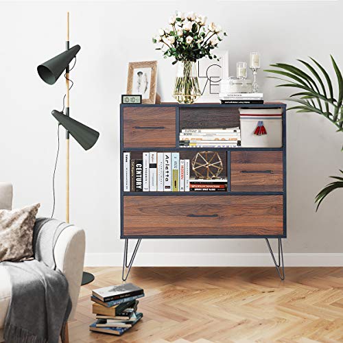 Tangkula 3-Tier Storage Cabinet, Wood File Cabinet with Drawers & 4 Metal Legs, Free Standing Display Bookshelf, Storage Bookcase for Home Office