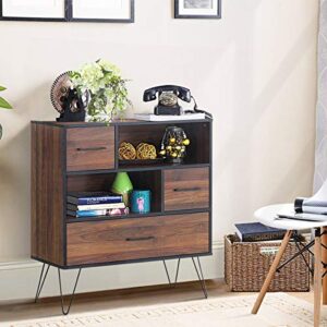 Tangkula 3-Tier Storage Cabinet, Wood File Cabinet with Drawers & 4 Metal Legs, Free Standing Display Bookshelf, Storage Bookcase for Home Office