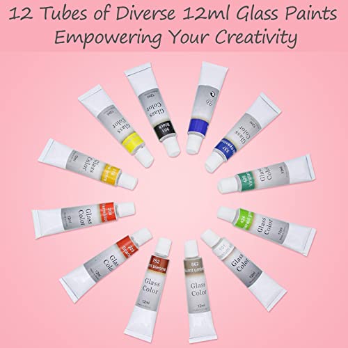 Colorful Stain Glass Paint Kit with 12 Colors, 3 Nylon Brushes, 1 Palette, Permanent Acrylic Enamel Painting Set to Create Translucent Arts on Transparent Wine Glasses, Enamel, Window and Ceramics