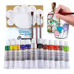 colorful stain glass paint kit with 12 colors, 3 nylon brushes, 1 palette, permanent acrylic enamel painting set to create translucent arts on transparent wine glasses, enamel, window and ceramics