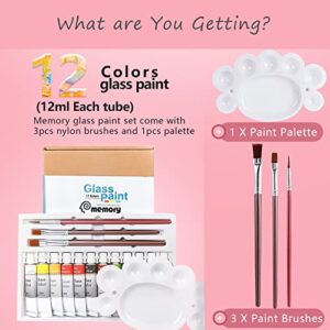 Colorful Stain Glass Paint Kit with 12 Colors, 3 Nylon Brushes, 1 Palette, Permanent Acrylic Enamel Painting Set to Create Translucent Arts on Transparent Wine Glasses, Enamel, Window and Ceramics