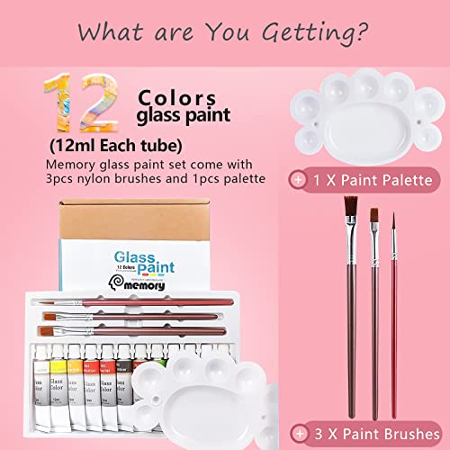 Colorful Stain Glass Paint Kit with 12 Colors, 3 Nylon Brushes, 1 Palette, Permanent Acrylic Enamel Painting Set to Create Translucent Arts on Transparent Wine Glasses, Enamel, Window and Ceramics