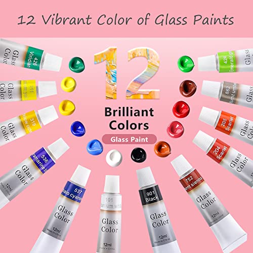 Colorful Stain Glass Paint Kit with 12 Colors, 3 Nylon Brushes, 1 Palette, Permanent Acrylic Enamel Painting Set to Create Translucent Arts on Transparent Wine Glasses, Enamel, Window and Ceramics