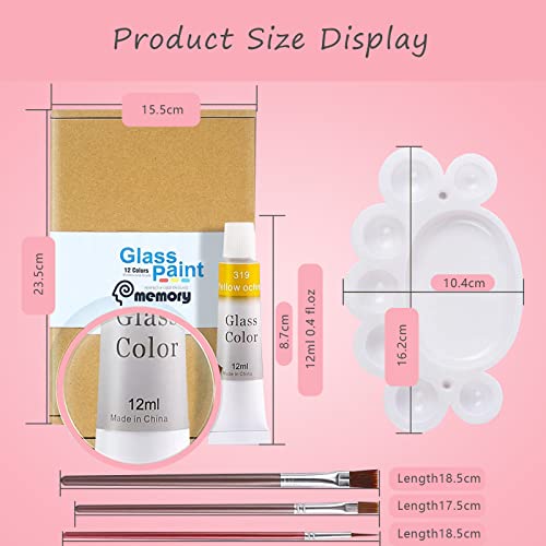 Colorful Stain Glass Paint Kit with 12 Colors, 3 Nylon Brushes, 1 Palette, Permanent Acrylic Enamel Painting Set to Create Translucent Arts on Transparent Wine Glasses, Enamel, Window and Ceramics