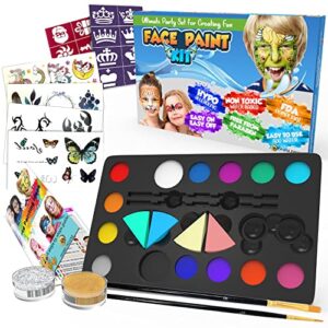 desire deluxe face paint kit palette – kids & adult washable halloween make up party set toy include body brush, glitter, stencil, tattoo – great gift for christmas & birthday