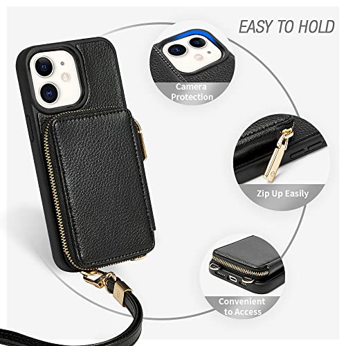 ZVE iPhone 11 Wallet Case Crossbody, iPhone 11 Case with Credit Card Holder Handbag Purse Wrist Strap Zipper Leather Case Cover for Apple iPhone 11 6.1 inch 2019 - Black